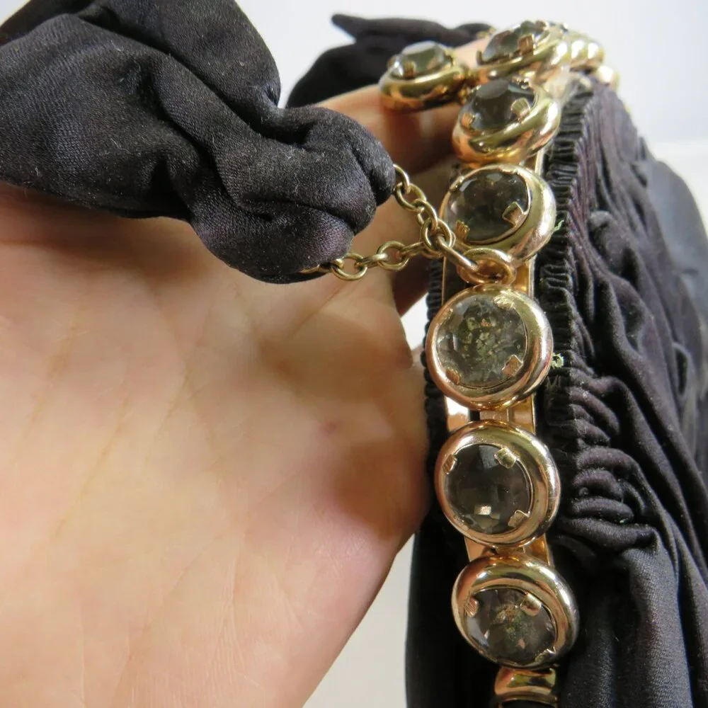 Vintage 1950s Black Satin Pouf Bag with Jeweled Frame Evening Bag Formal Costume